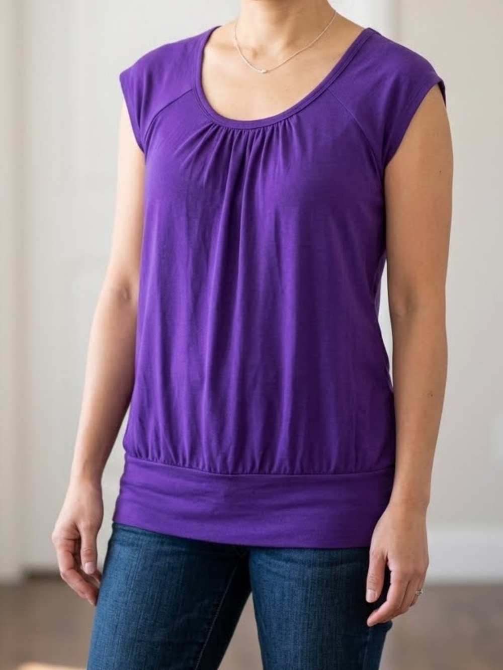 Lock & Love Top Purple Cap Sleeve Banded Hem Top Soft Modal Ruched Tunic sz XL
